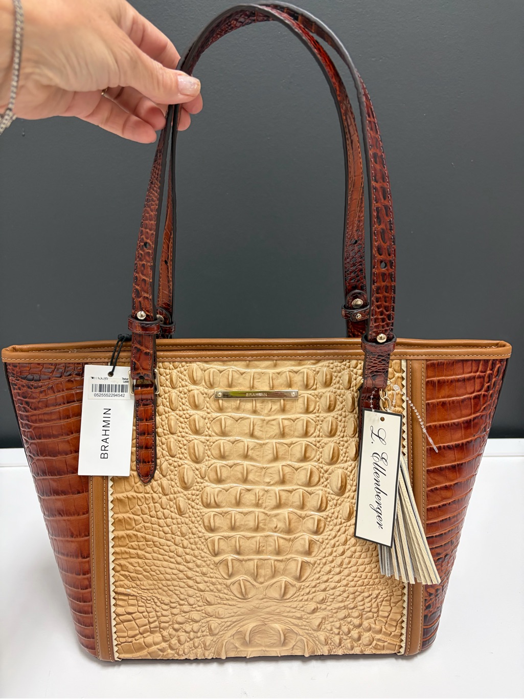 Brahmin Nwt Two-Tone Brown Croc-Embossed Tote
